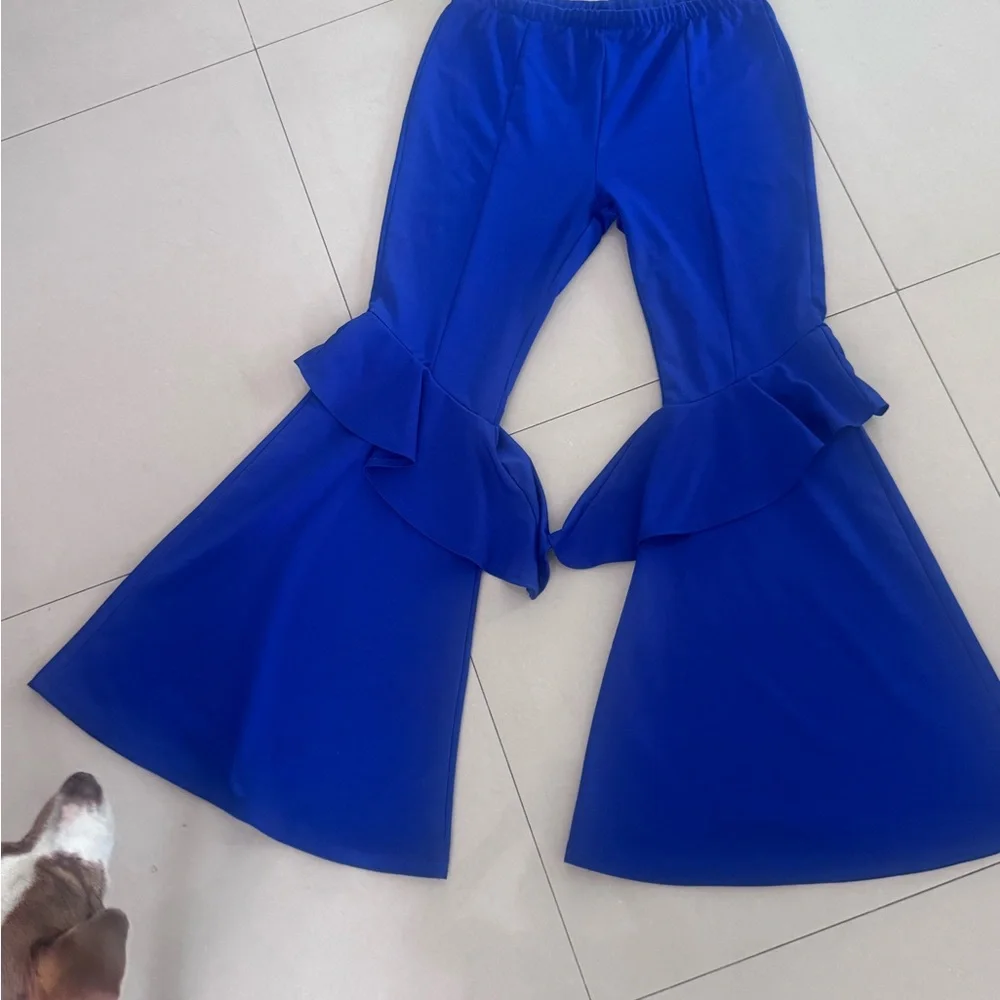 Royal Blue Ruffled Bell-Bottom Pants - Picture 2 of 5